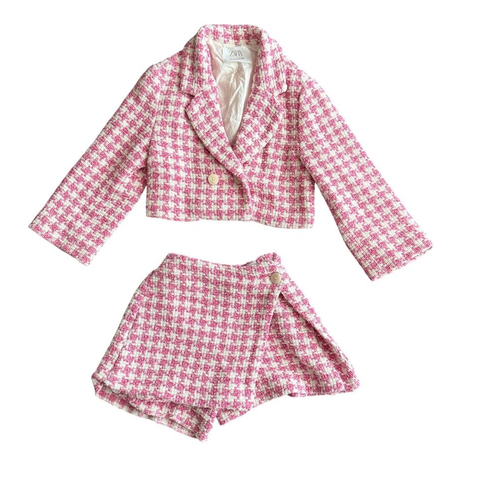 Zara Girls Pink & White Houndstooth Cropped Jacket & Skort Set Size 7